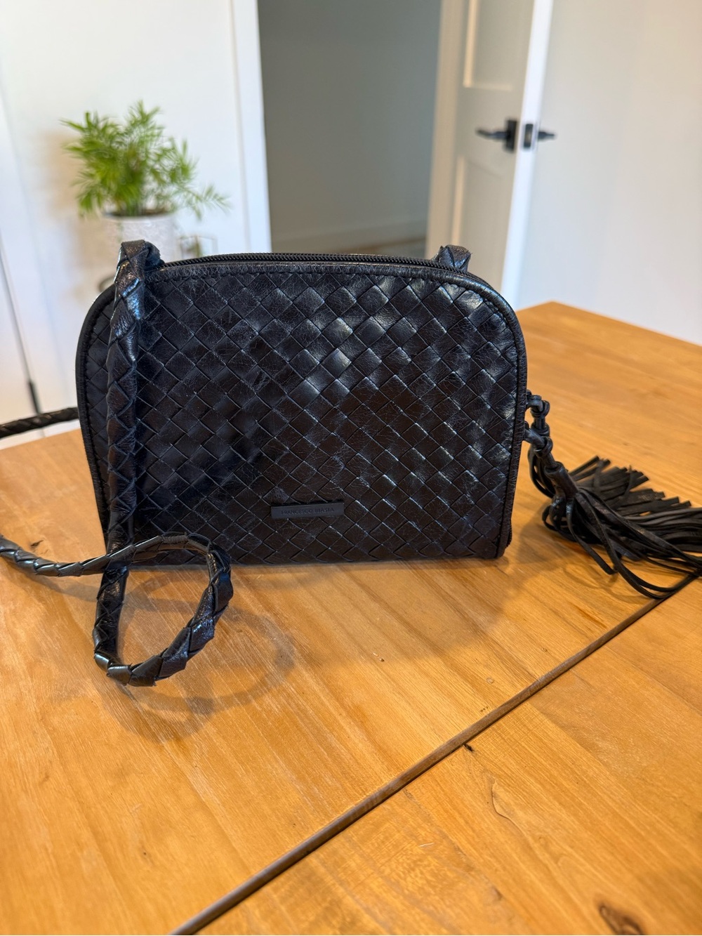 Woven Leather Crossbody Bag - Black